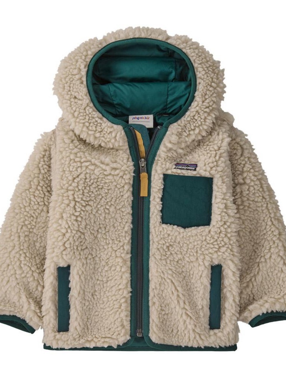 NWOT Patagonia Baby Retro-X® Fleece Hoody in Natural/Cascade Green 12-18 Months